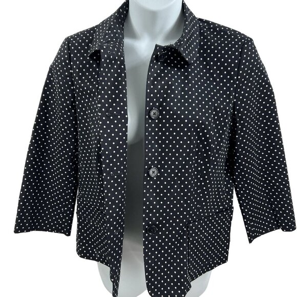 Talbots Womens 16 Black White Polka Dot Button Front 3/4 Sleeve Pockets Blazer - Picture 3 of 9